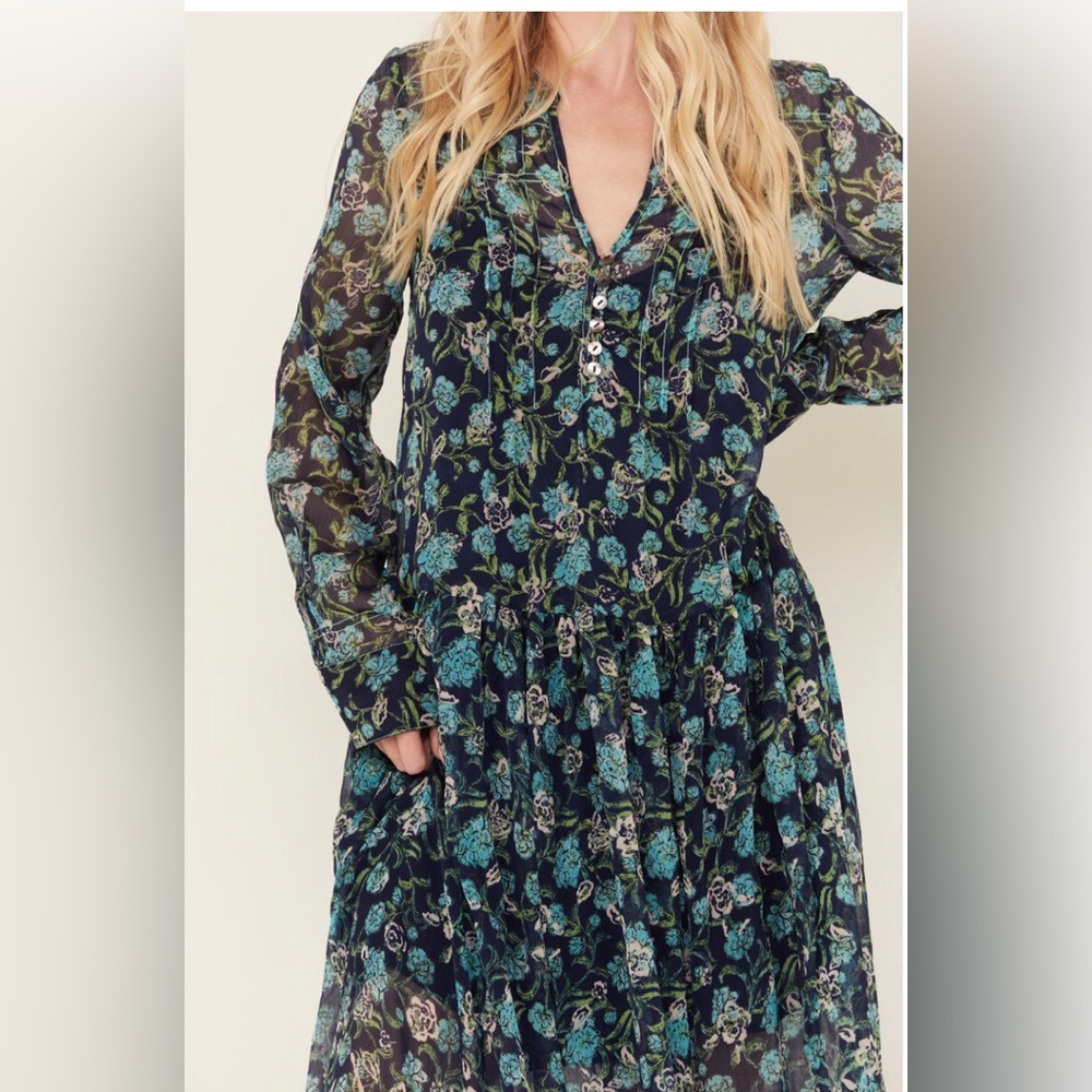 Free People Blue See It Through Floral Long Sleeve Maxi Dress size XS new - Picture 4 of 6
